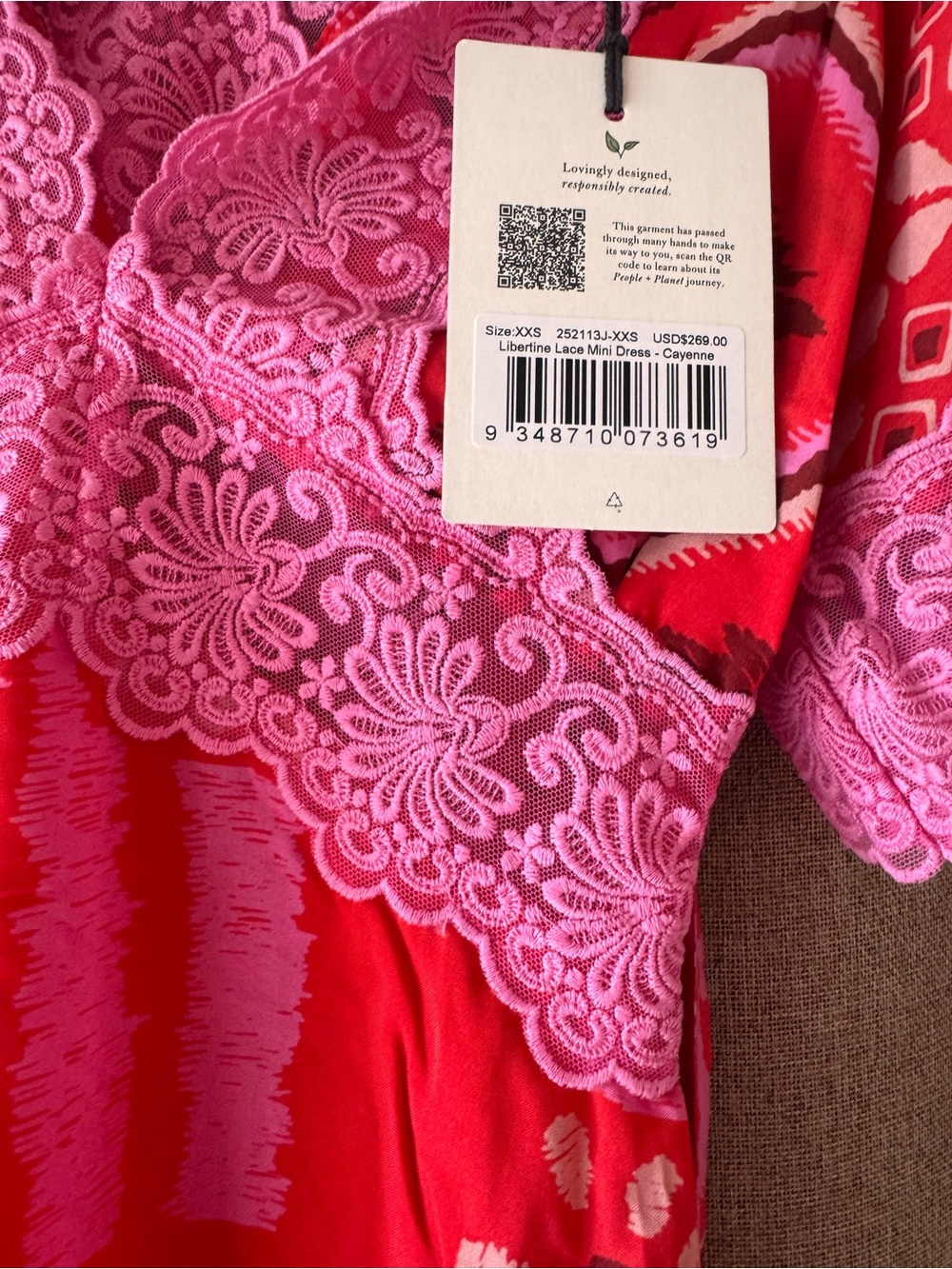 NWT Spell Libertine Pink & Red Lace Trim Wrap Dress - Picture 6 of 6
